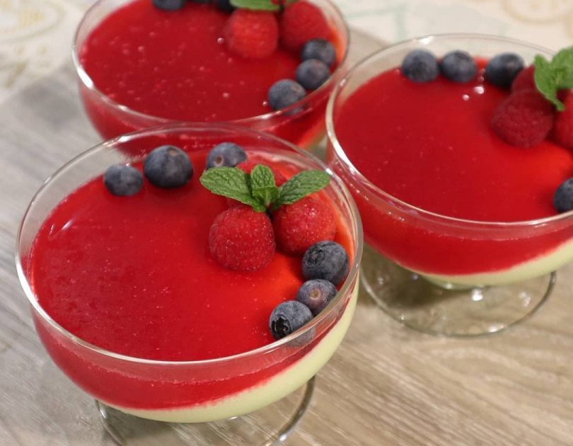 Pandan Panna Cotta with Raspberry Gelee